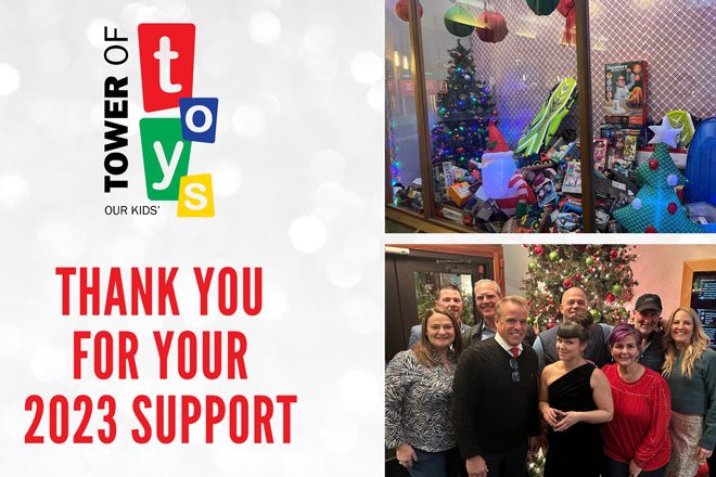 Tower of Toys 2023 holiday drive. Donate collected toys and funds to local charities for 2023 holiday season. Holiday gift donations.