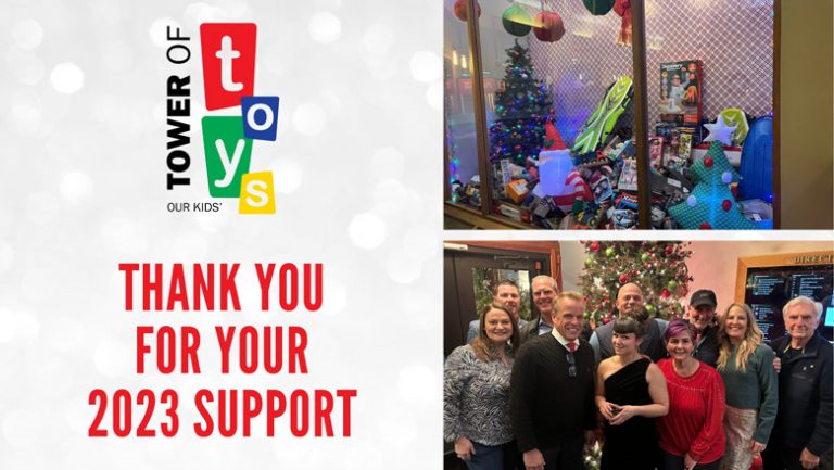 Tower of Toys 2023 holiday drive. Donate collected toys and funds to local charities for 2023 holiday season. Holiday gift donations.